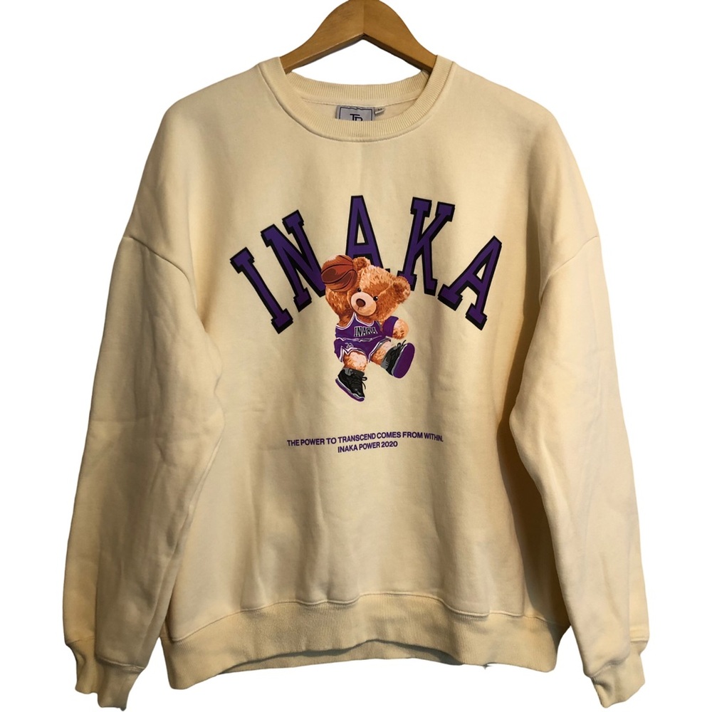 Inaka Power Teddy Bear Basketball Cream Purple Fleece Crewneck Sweatshirt M